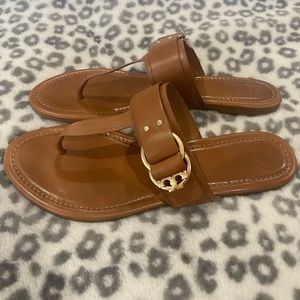 Tory Burch Brown Leather Thong Slide Sandals with Gold Accent